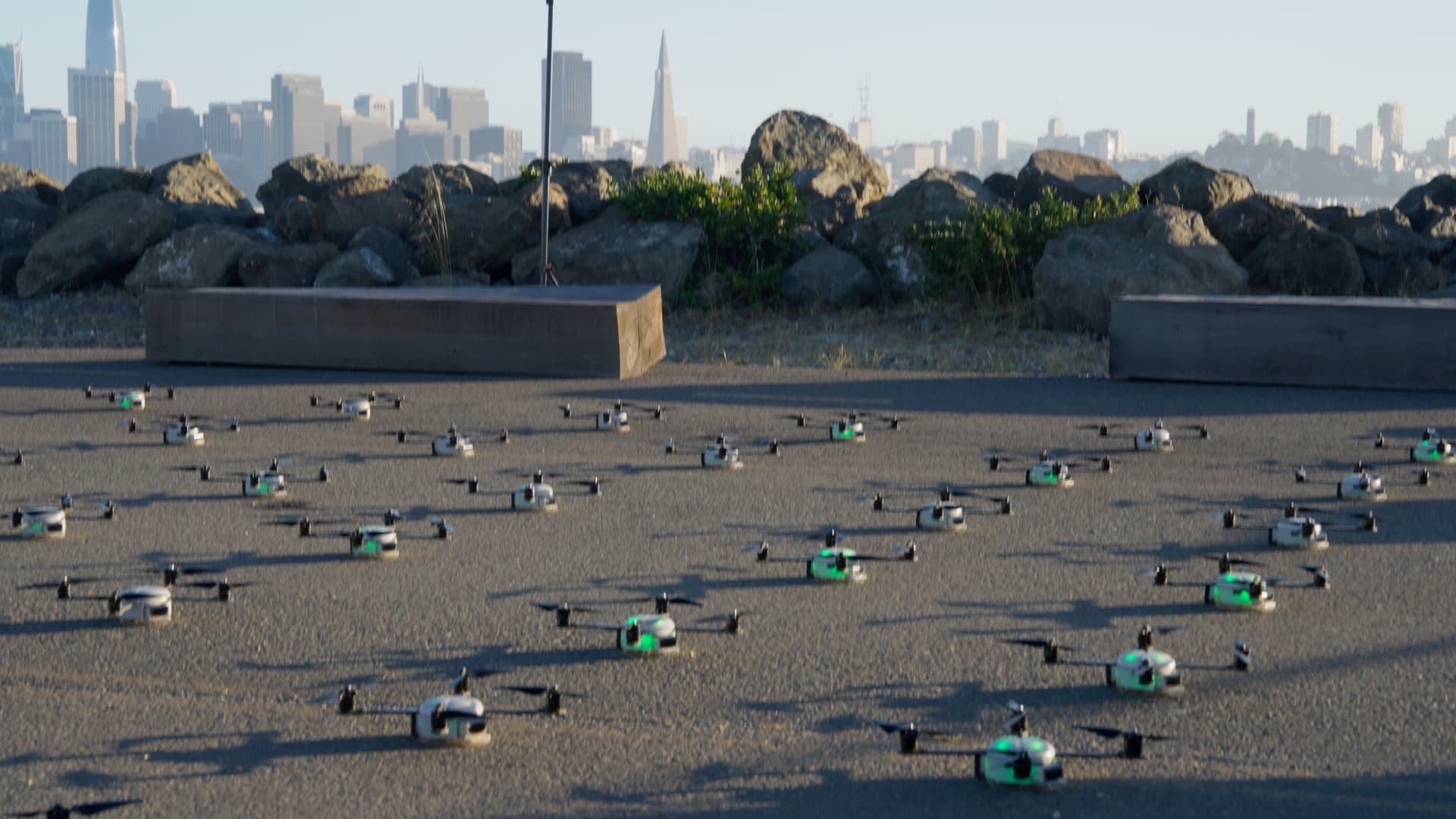 The fleet staged in rows on the tarmac in daylight, the San Francisco skyline behind